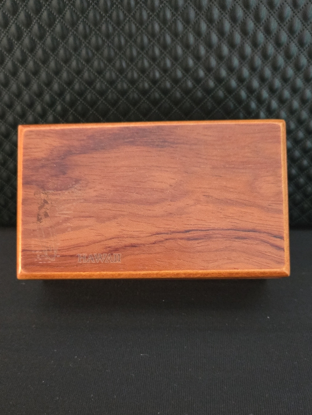 Wooden Trinket Box W/Etched Hawaii And Surfer On Wave EUC 4"x2.25"x1.5"